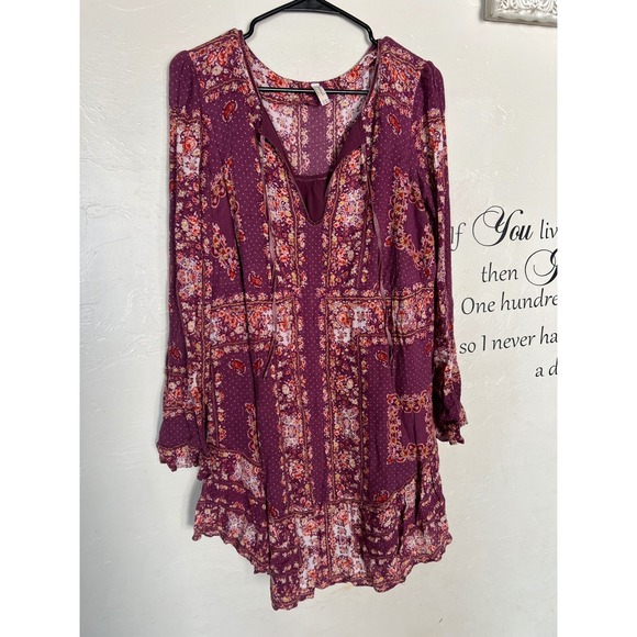 Free People Bridgette Purple Floral Print Long Sleeve Mini Dress Size L Bohemian - Picture 3 of 12